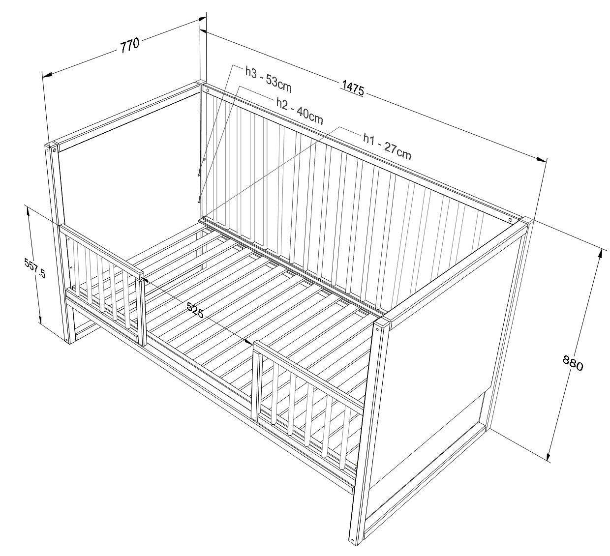 Technische tekening van het Woodluck TWEENS meegroeibed met gedetailleerde afmetingen, inclusief hoogte van bedbodem en totale afmetingen van het bed.