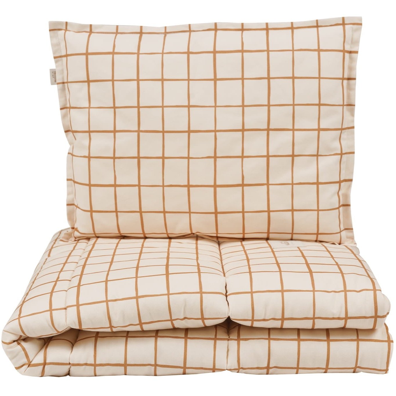 A neatly stacked camel check cotton bedding set, including a pillow and quilt