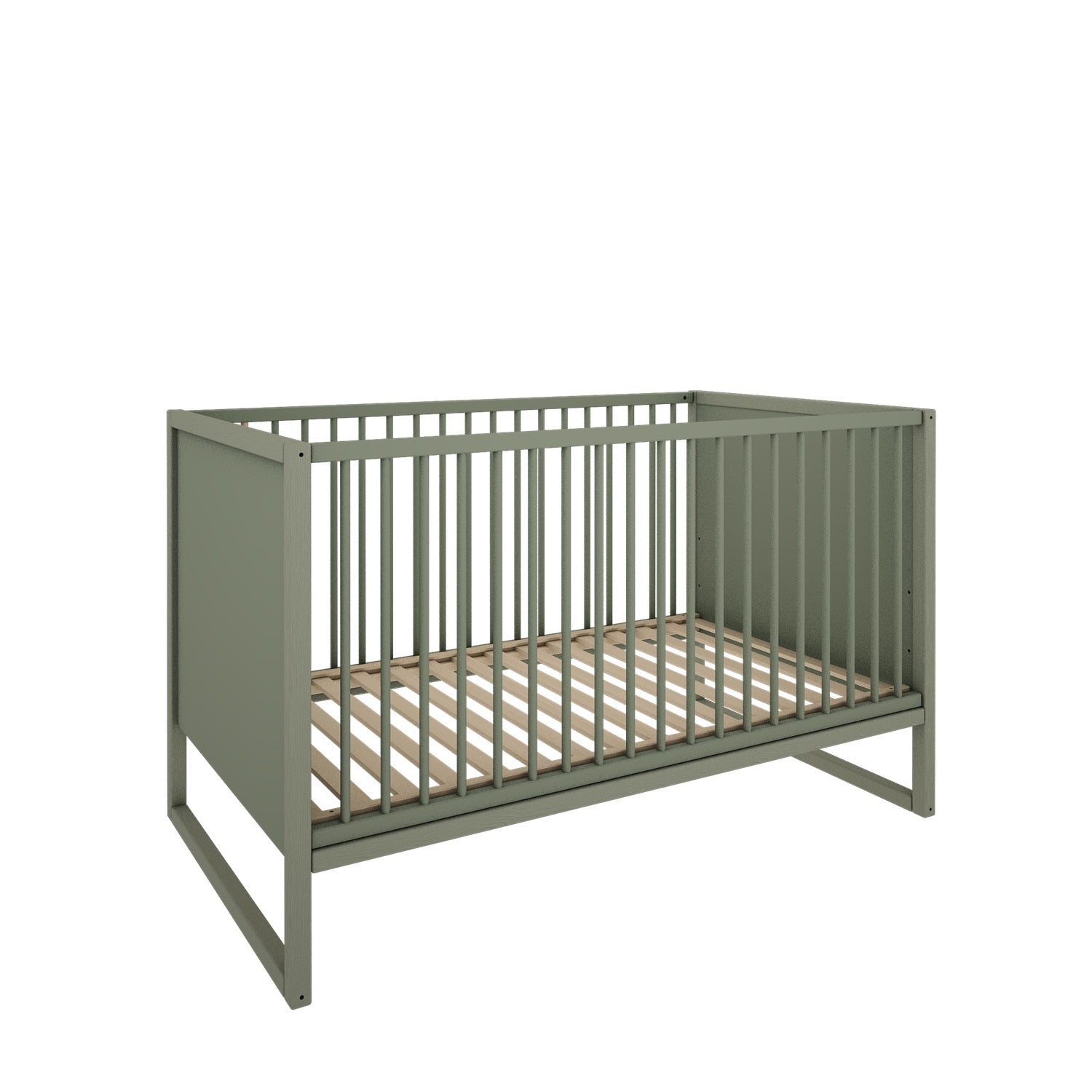 Vooraanzicht van het bed in volledige ledikantstand, met gesloten zijkanten en een extra lade onder het bed voor extra opbergruimte.