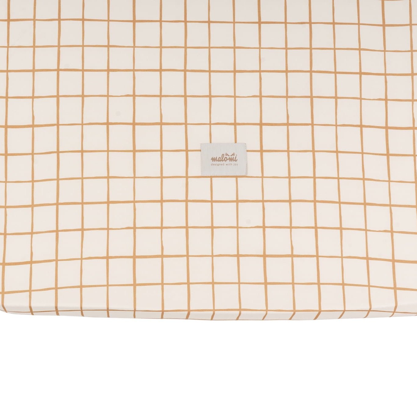 Top-down view of a camel check cotton fitted sheet with a subtle grid pattern and a branded label.